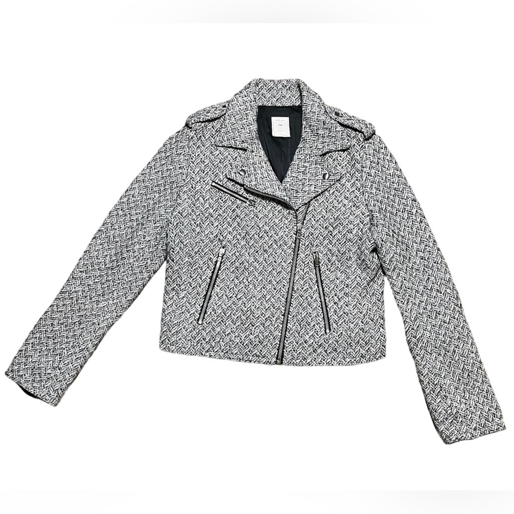 Gap Wm’s Wool Blend Herringbone Moto Zip Up Jacket In White Gray Black Sz M